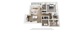 A 3D floor plan of a house with a kitchen, living room, and two bedrooms.
