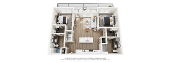 A 3D floor plan of a small apartment with a kitchen, living room, and two bedrooms.