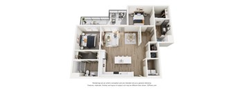 A 3D floor plan of a small apartment with a kitchen, living room, and bedroom.