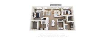 A 3D floor plan of a house with a kitchen, living room, and two bedrooms.