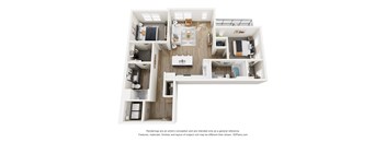 A 3D floor plan of a house with a kitchen, living room, and two bedrooms.