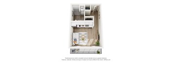 A 3D floor plan of a small apartment with a kitchen, living room, and bathroom.