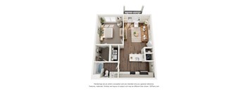 A 3D floor plan of a small apartment with a kitchen, living room, and bathroom.
