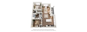 A 3D floor plan of a house with a kitchen, living room, and bathroom.