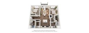 A 3D floor plan of a house with a kitchen, living room, and two bedrooms.