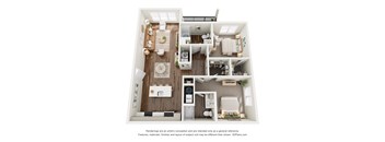 A 3D floor plan of a small apartment with a kitchen, living room, and bedroom.