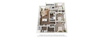 A 3D floor plan of a small apartment with a kitchen, living room, and bedroom.
