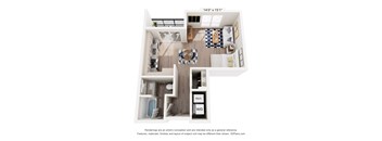 A 3D floor plan of a small apartment with a kitchen, living room, and bathroom.