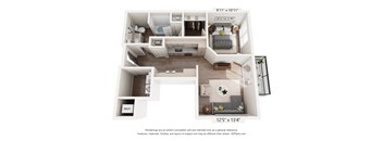 A floor plan of a small apartment with a kitchen, living room, and two bedrooms.
