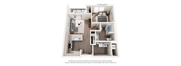 A 3D floor plan of a small apartment with a kitchen, living room, and bedroom.