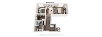 A 3D floor plan of a small apartment with a kitchen, living room, and bathroom.