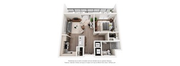 A 3D floor plan of a small apartment with a kitchen, living room, and bathroom.
