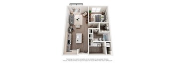 A 3D floor plan of a small apartment with a kitchen, living room, and bedroom.