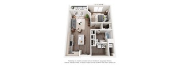 A 3D floor plan of a small apartment with a kitchen, living room, and bathroom.