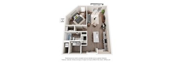 A 3D floor plan of a house with a kitchen, living room, and two bedrooms.