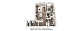 A 3D floor plan of a small apartment with a kitchen, living room, and bathroom.