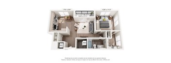 A floor plan of a two-bedroom apartment with a living room, kitchen, and bathroom.
