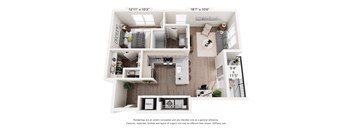 A 3D floor plan of a house with a living room, kitchen, and two bedrooms.