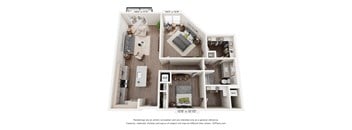 A 3D floor plan of a small apartment with a kitchen, living room, and bedroom.