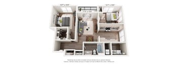 A floor plan of a two-bedroom apartment with a living room, kitchen, and bathroom.