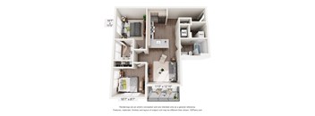 A 3D floor plan of a small apartment with a kitchen, living room, and bathroom.