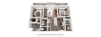 A floor plan of a small apartment with a kitchen, living room, and two bedrooms.