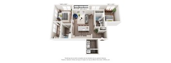 A 3D floor plan of a small apartment with a kitchen, living room, and bedroom.