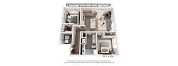 A 3D floor plan of a small apartment with a kitchen, living room, and bedroom.