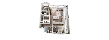 A floor plan of a small apartment with a kitchen, living room, and two bedrooms.