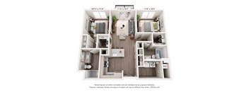 A 3D floor plan of a house with a kitchen, living room, and two bedrooms.