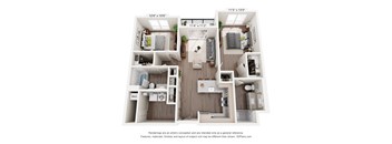 A 3D floor plan of a small apartment with a kitchen, living room, and two bedrooms.