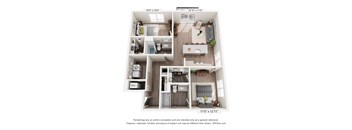 A 3D floor plan of a small apartment with a kitchen, living room, and two bedrooms.