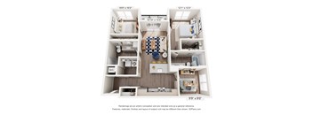 A 3D floor plan of a house with a kitchen, living room, and two bedrooms.