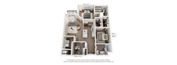 A 3D floor plan of a small apartment with a kitchen, living room, and bathroom.