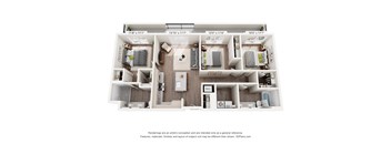 A 3D floor plan of a small apartment with a kitchen, living room, and two bedrooms.