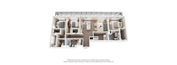 A 3D floor plan of a house with four bedrooms, a living room, a kitchen, and a bathroom.