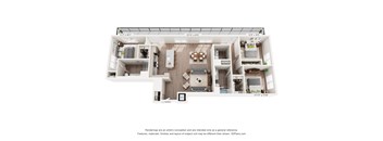 A 3D floor plan of a house with a kitchen, living room, and two bedrooms.