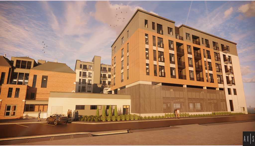 an architectural rendering of a building in a parking lot