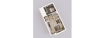 an overhead view of a 3d floor plan of a small apartment