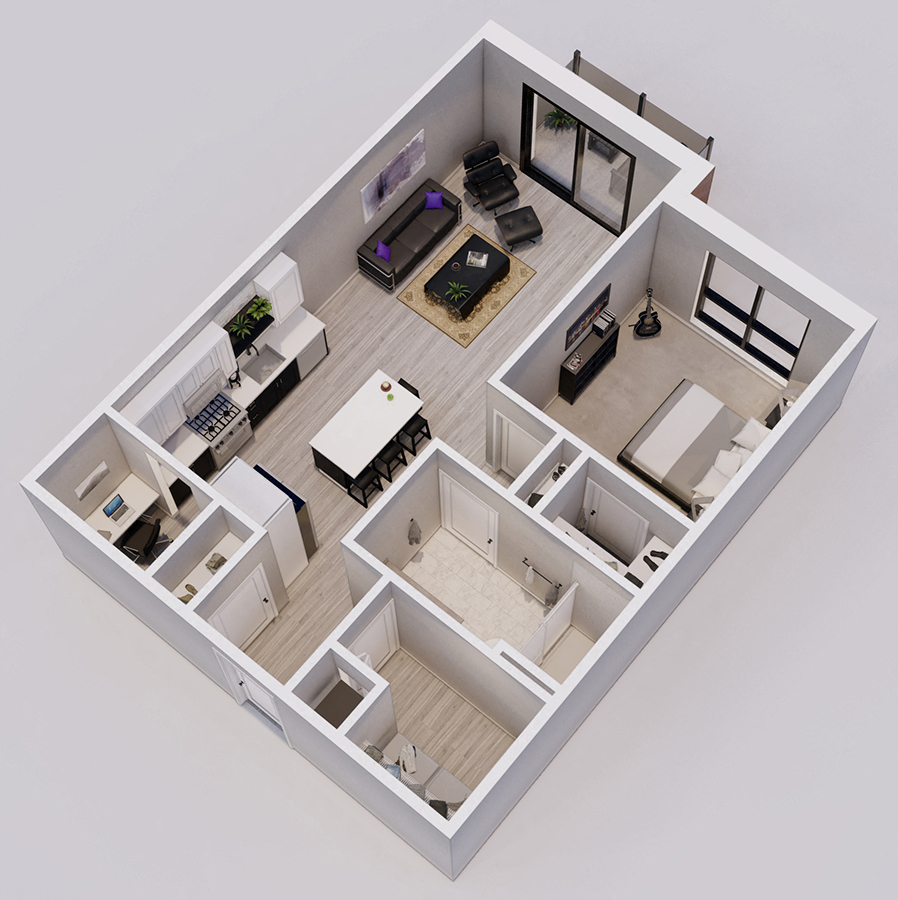 Lincoln Style B - 1 bed, 1 bath - 3D floor plan