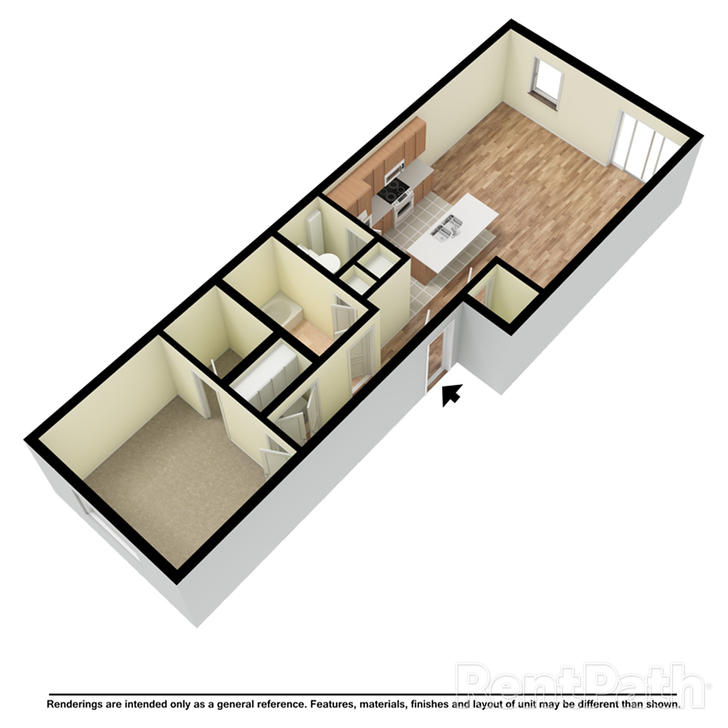 A 3D floor plan of a house with a kitchen, living room, and two bedrooms.
