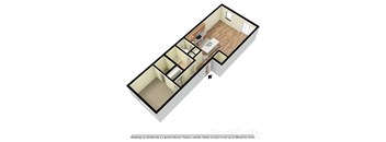 A 3D floor plan of a house with a kitchen, living room, and two bedrooms.