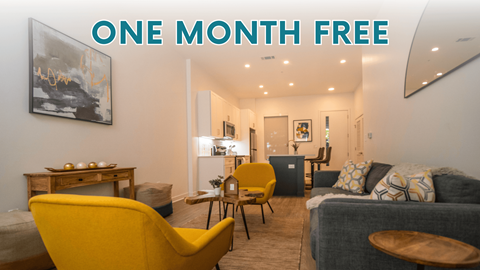 a living room with yellow furniture and a one month free mortgage