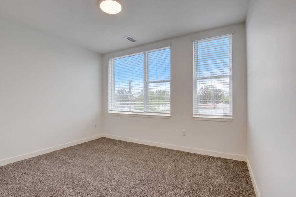 A room with carpeted floor and two windows.