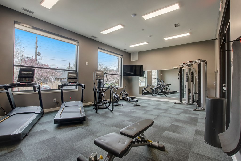 the gym is equipped with cardio equipment and window views of the city