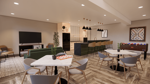 A modern dining area with a white table and chairs.