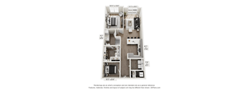 A 3D floor plan of a small apartment with a kitchen, living room, and two bedrooms.