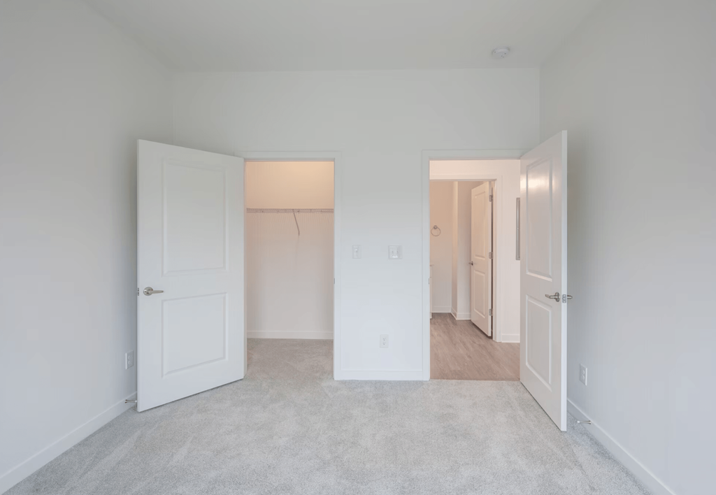 A white room with two doors and a carpeted floor.