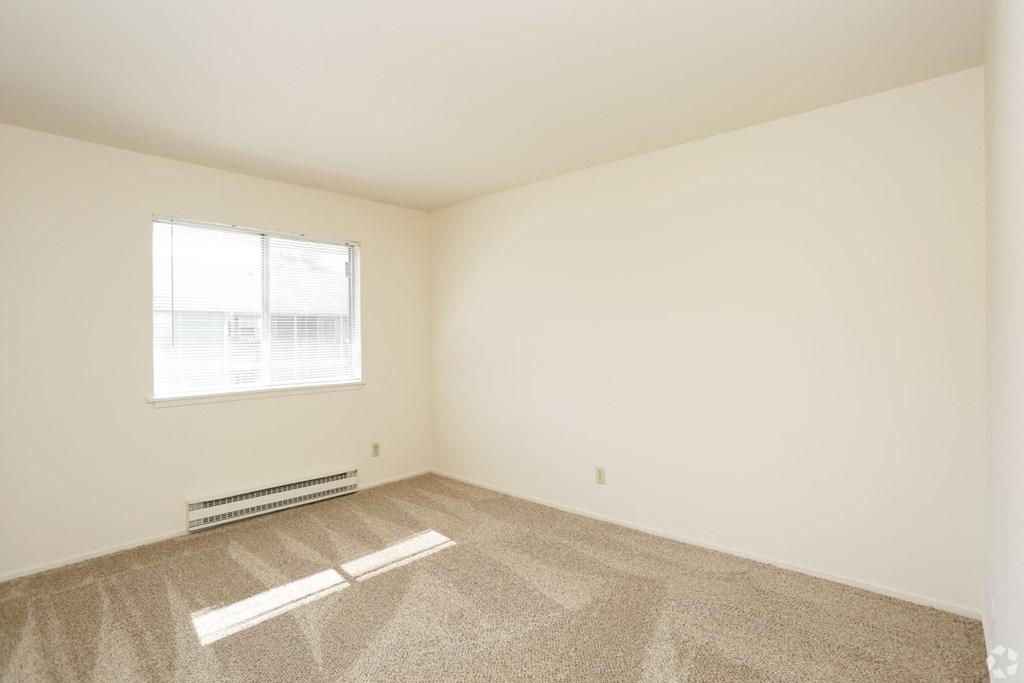 an empty room with carpet and a window