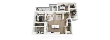 A 3D floor plan of a small apartment with a kitchen, living room, and bathroom.